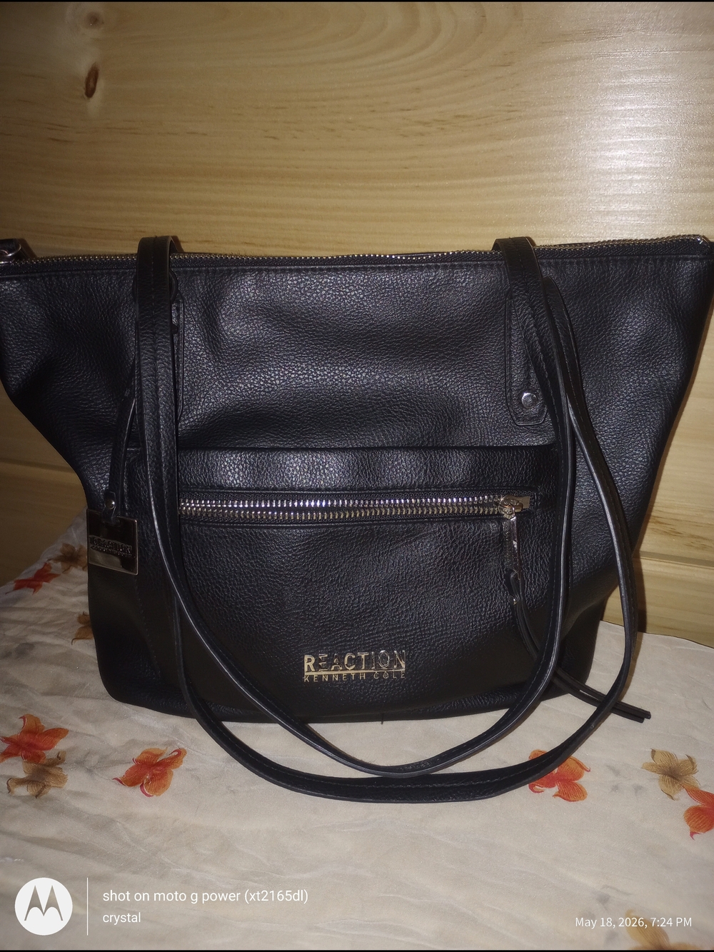 Kenneth Cole Reaction Preloved Black Pebbled Faux  Leather Tote with Front Zip